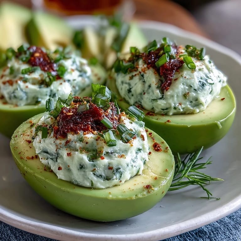 Creamy avocado deviled eggs piped into egg whites, topped with fresh dill and chives for a colorful party snack.