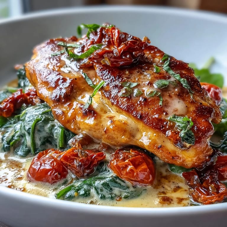 A comforting one-pan Creamy Tuscan Chicken Skillet, featuring tender chicken breasts in a luscious sauce with fresh spinach and Parmesan.