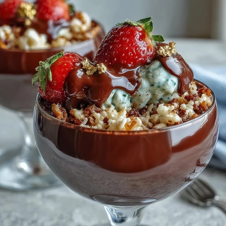 Elegant Dubai Chocolate Strawberry Cups with Kataifi and Pistachio Cream, showcasing layers of rich chocolate, creamy pistachio filling, and ruby-red strawberry halves.