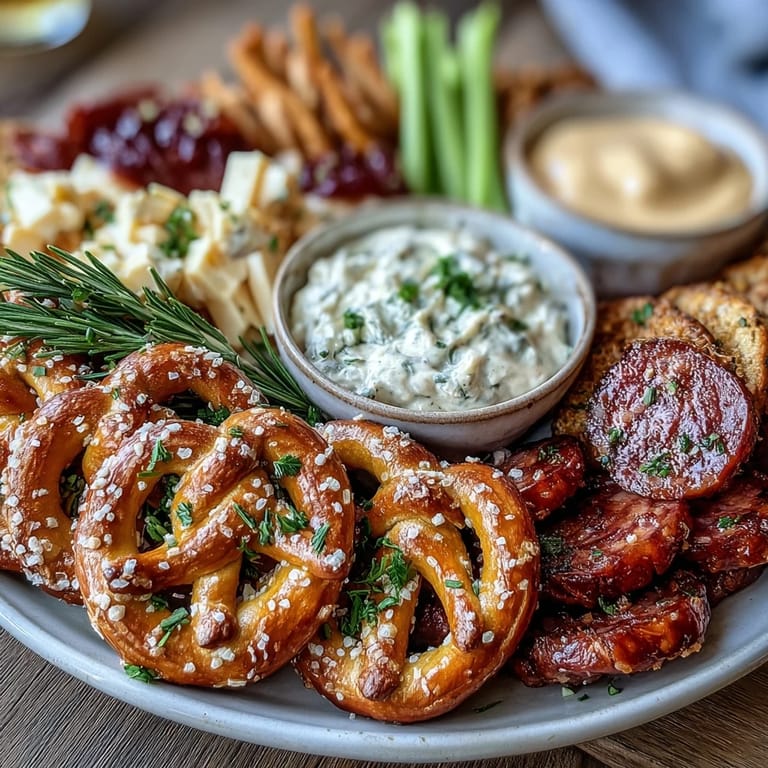 Festive Game Day Baseball Snack Board with Pretzels and Dips, showcasing an assortment of pretzels, cheeses, and crunchy snacks perfect for a sports gathering.