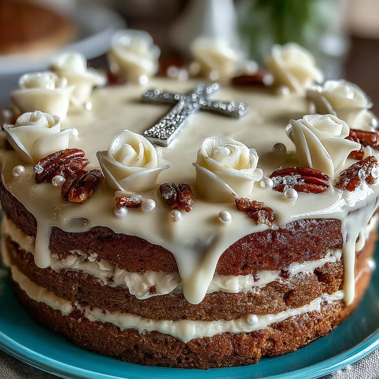 Delicate vanilla sponge cake decorated with buttercream, fondant roses, and a cross topper for First Communion