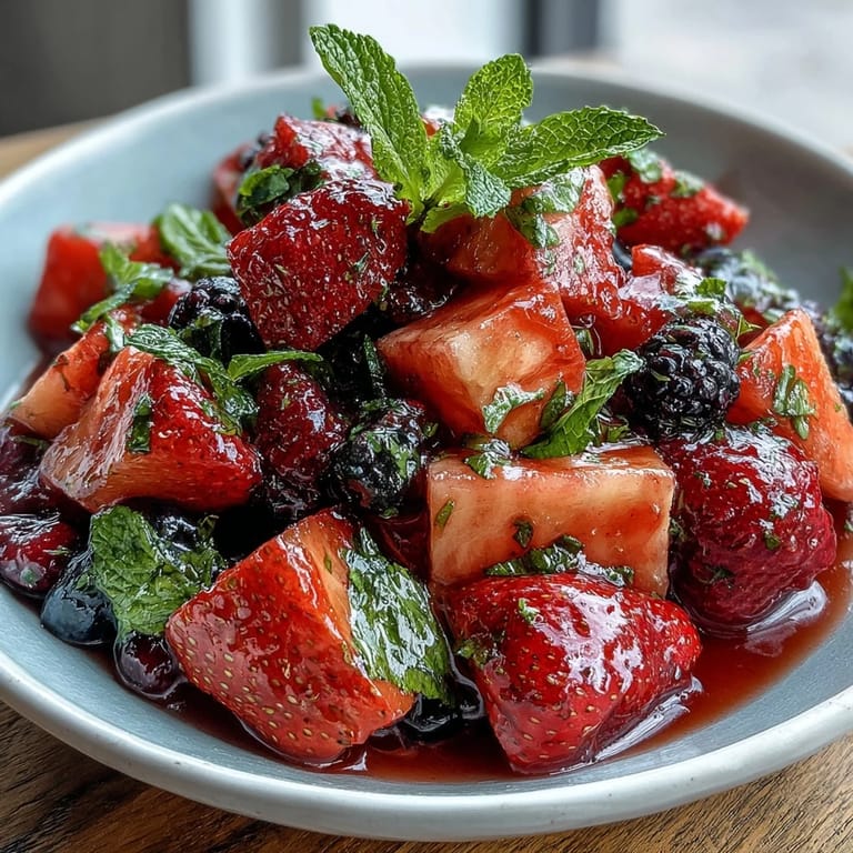 A bright and juicy strawberry lemonade fruit salad, bursting with fresh berries, grapes, and mint, perfect for picnics and warm-weather gatherings.