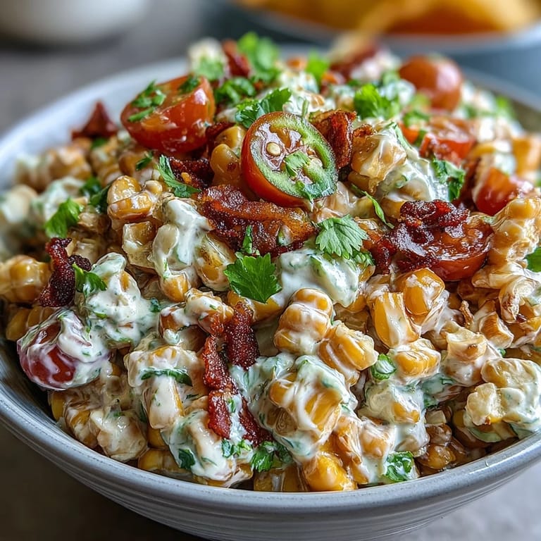 Creamy Corn Salad with Jalapeño, featuring crisp corn kernels, colorful veggies, and a creamy lime-cumin dressing.
