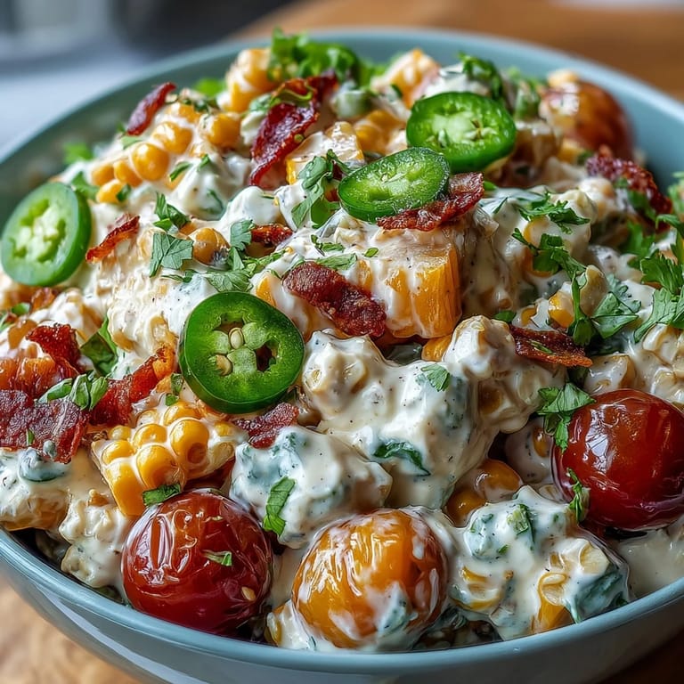 A refreshing bowl of Creamy Corn Salad with Jalapeño, bursting with fresh vegetables and zesty flavors.