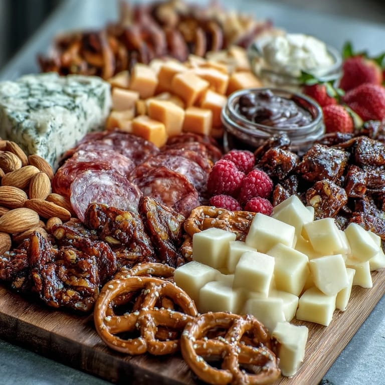 Colorful party platter featuring assorted cheeses, meats, fruits, and sweet treats, ideal for a fun and easy celebration.