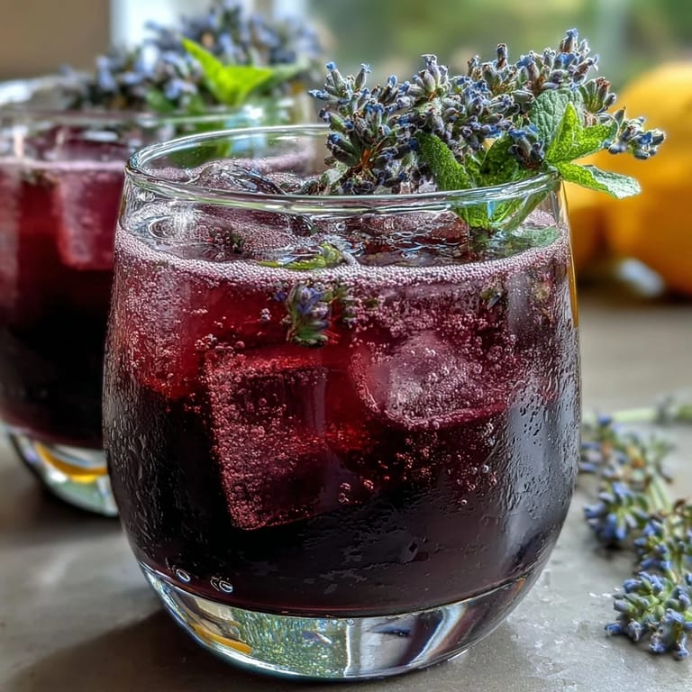 Aromatic lavender and mint-infused lemonade, served over ice with lemon slices.  