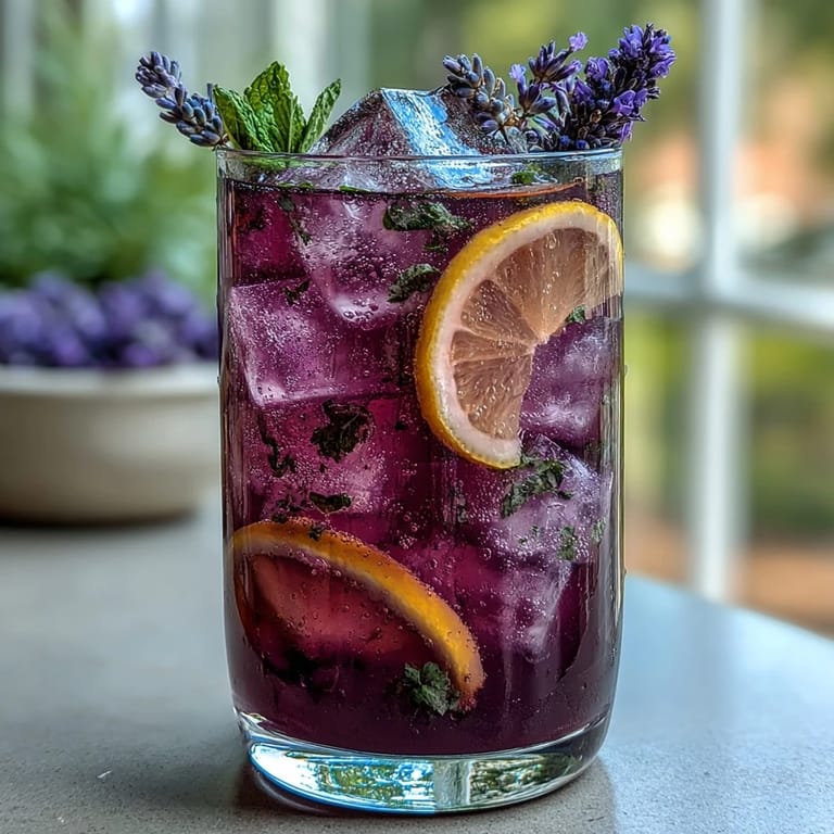 Floral lavender lemonade with fresh mint, a cooling and vibrant spring beverage.