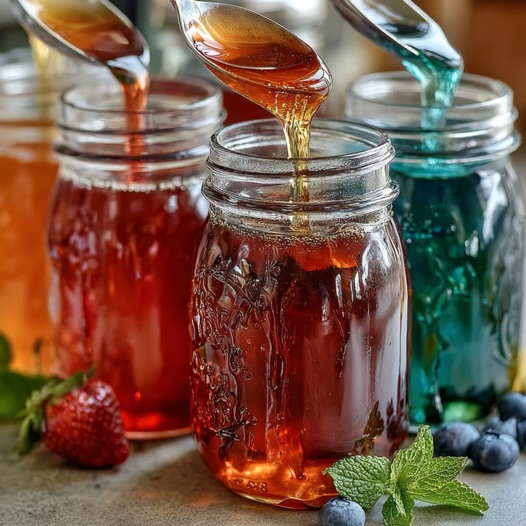 DIY Lemonade Bar with Flavor Syrups - Refreshing lemonade dispenser surrounded by bottles of strawberry, blueberry, and mint syrups for a customizable drink experience.