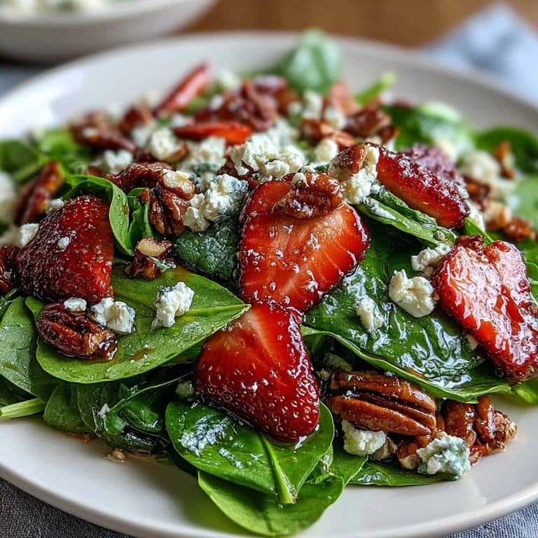 Colorful strawberry spinach salad topped with red onion, goat cheese, and crunchy candied pecans, served with balsamic vinaigrette.