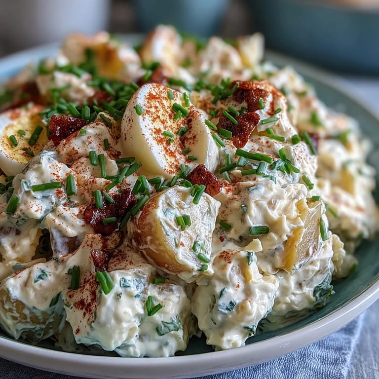 A colorful bowl of Classic Deviled Egg Potato Salad topped with fresh chives and a sprinkle of smoked paprika for a flavorful side dish.