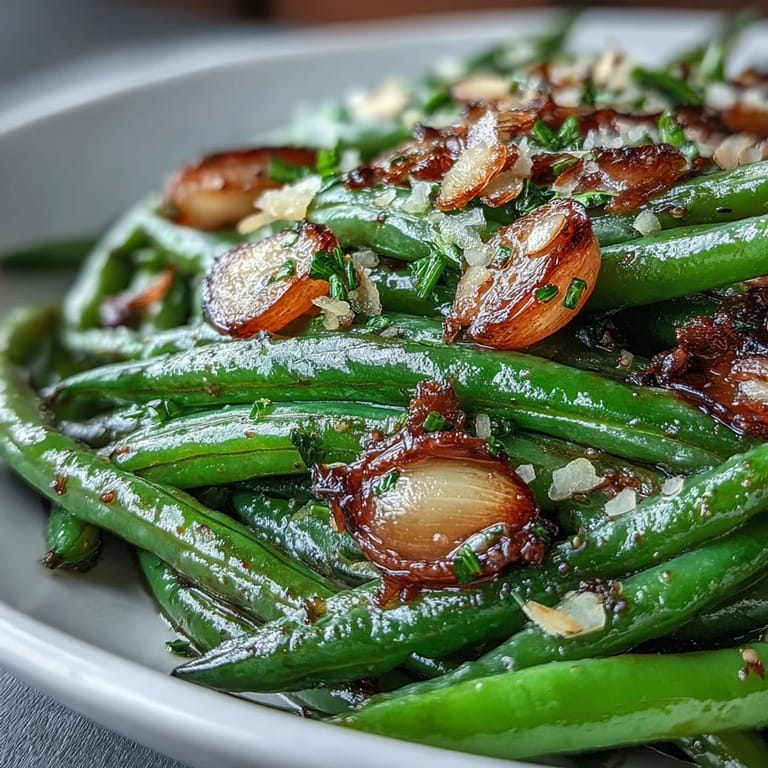Savory green beans roasted with garlic, brightened by lemon and topped with toasted almonds