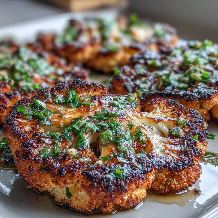 Tender BBQ Cauliflower Steaks glistening with bright chimichurri, a plant-based delight.