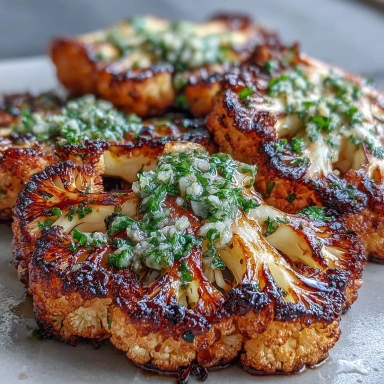Charred BBQ Cauliflower Steaks drizzled with zesty, herb-filled chimichurri ready to serve.