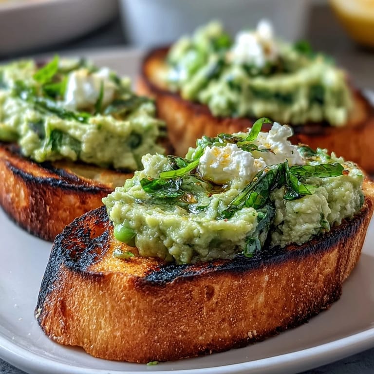 Bright green fava bean and mint topping generously spread on grilled sourdough bread.