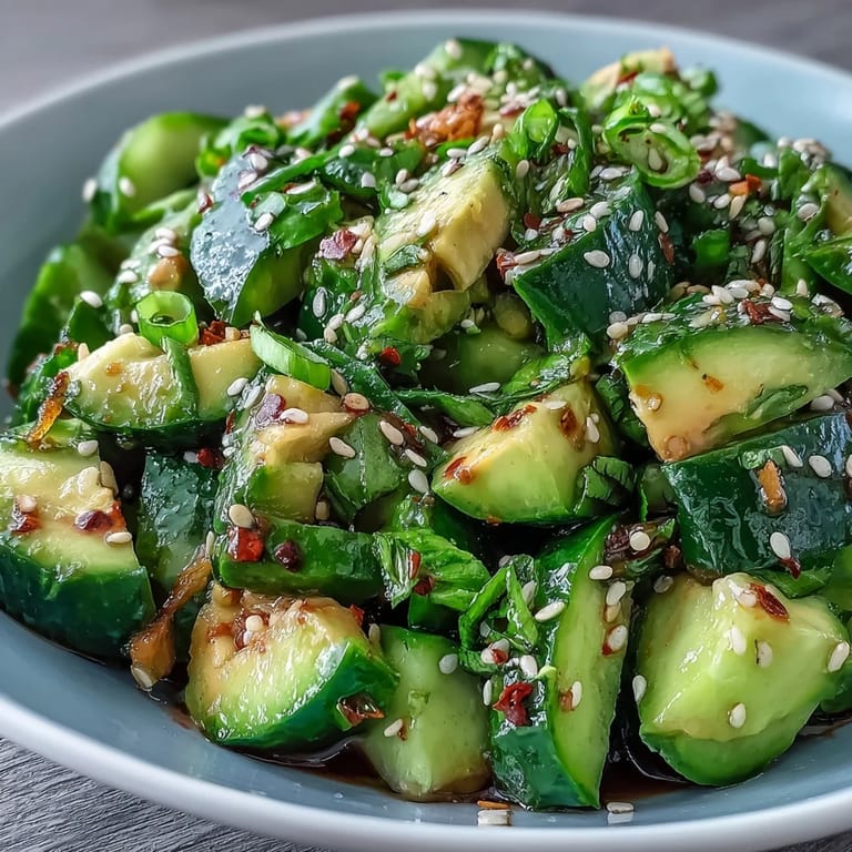 A refreshing smashed cucumber and avocado salad, sprinkled with green onions.