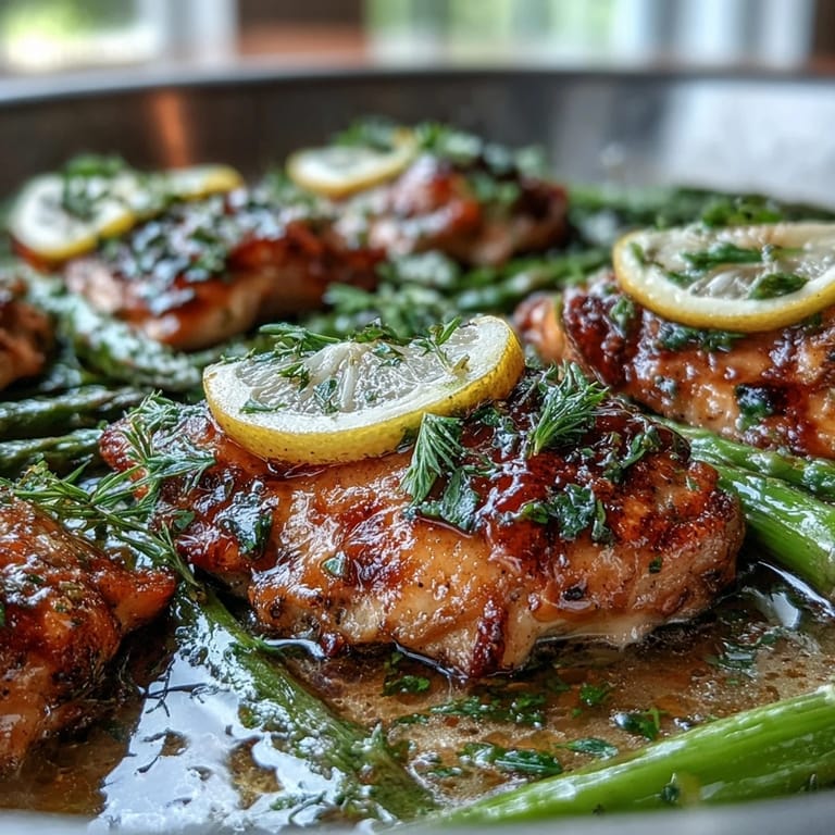 Tender asparagus and lemon-marinated chicken, baked to perfection on one pan.