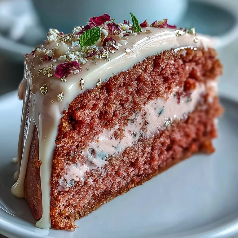 Decadent Rosé Velvet Cake for bridal showers, adorned with a rich, glossy gold accent.