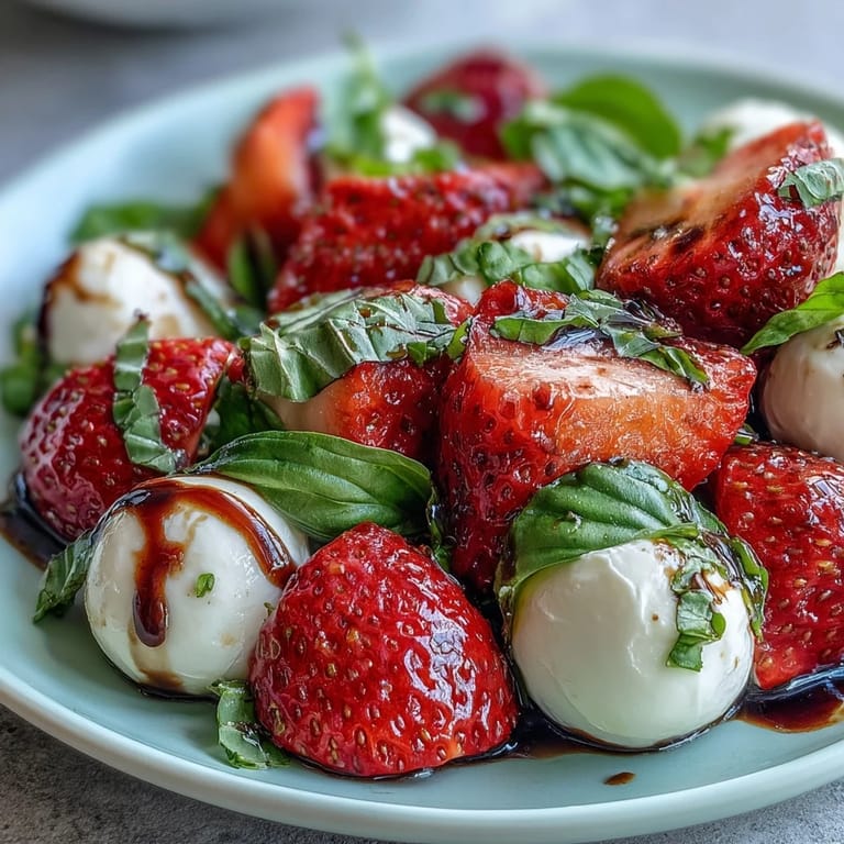 Beautiful Fresh Strawberry Caprese Salad with ripe tomatoes, mozzarella, and balsamic dressing.