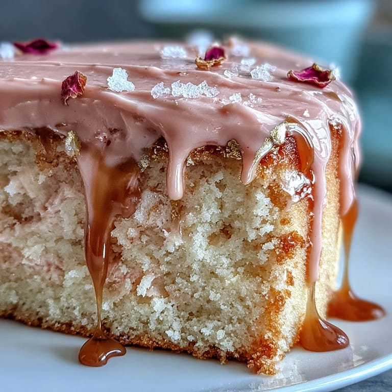 Vibrant Bridal Shower Rosé Velvet Cake with delicate, cascading gold icing.