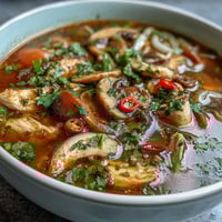 A close-up of homemade Tom Yum Gai soup with tender chicken, mushrooms, and tomatoes in a red spicy broth.