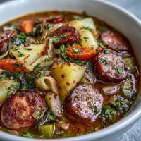 Steaming bowl of Sausage, Potato and Cabbage Soup topped with fresh parsley, served next to crusty bread.
