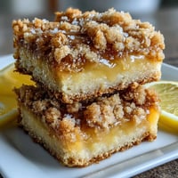 Freshly baked Homemade Lemon Crumb Bars with a golden crumble topping on a rustic wooden board.