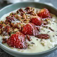 Strawberry overnight oats with chia seeds and granola in a glass jar, topped with fresh strawberries and crunchy granola for a nutritious breakfast.
