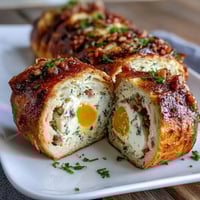 Easter Savory Pie with Hard-Boiled Eggs and Ham, a golden puff pastry pie filled with creamy ricotta, diced ham, spinach, and whole eggs baked to perfection.