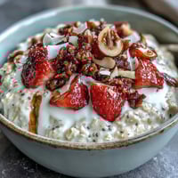 Healthy Easy Overnight Oats with Strawberry and Chia, a creamy, protein-packed breakfast jar layered with fresh berries and chia seeds.