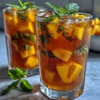 Mango peach iced tea with mint, served over ice and garnished with fresh mint sprigs and fruit slices.