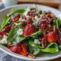 Vibrant spring salad with baby spinach, fresh strawberries, goat cheese, and candied pecans, drizzled with balsamic vinaigrette.  