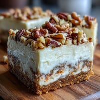 Creamy carrot cake cheesecake bars with swirls of spiced carrot cake and rich cheesecake, perfect for spring gatherings.