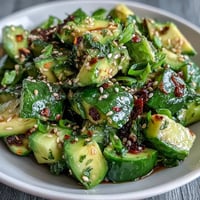 Vibrant smashed cucumber and avocado salad with toasted sesame seeds on top.