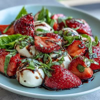 Fresh Strawberry Caprese Salad with Balsamic Glaze, showcasing juicy strawberries and creamy mozzarella.